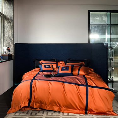 Luxury Orange Leopard Long Stripe Pattern Jacquard Duvet Cover Set, 1400TC Egyptian Cotton Bedding Set
